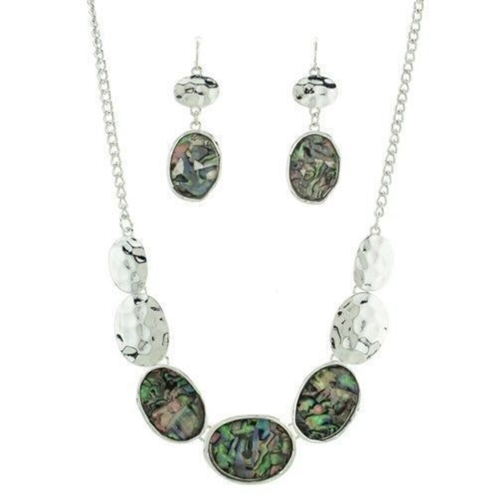 Silver Oval Abalone Gemstone Necklace & Earring Set